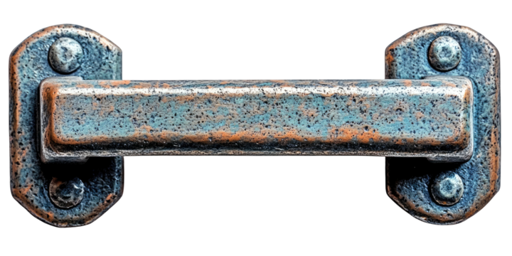 Weathered metal drawer pull with two mounting plates and four rivets