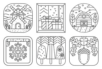 Coloring Page Diverse set of six monoline vector images showcasing a windmill, window with presents, barn, snowflake, popsicles, and an acorn with oak leaves