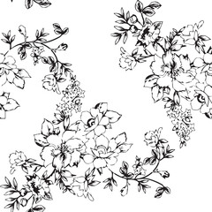 seamless gentle vector paisley print with ethnic paisley and flowers pattern, allover composition. Detailed beautiful paisleys with floral motives in black and white.	