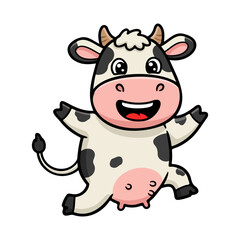 Cute happy cartoon cow character jumping for joy