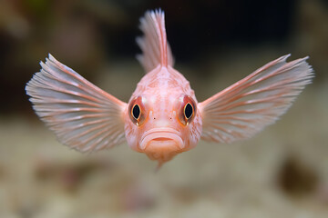 Obraz premium Facing forward, a pale orange fish with large eyes and wing-like fins poses against a blurred background, capturing a moment of serene aquatic life.