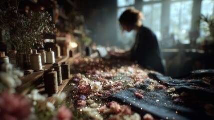 Artisan Crafting Dried Flowers and Botanicals in a Sunlit Workshop