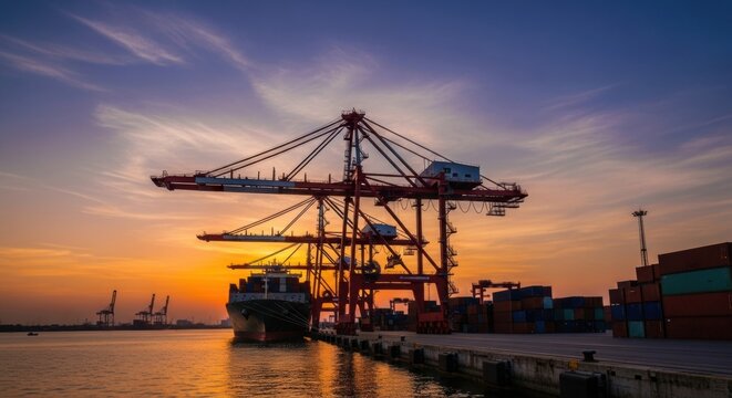 RTG crane stacking containers at busy shipping terminal