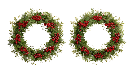 Christmas wreaths with holly falling, isolated on a white background