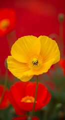 Radiant Yellow Poppy Blossom Amidst a Field of Red Poppies.