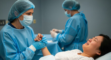 Caring nurse supporting pregnant woman during childbirth labor with empathy in hospital operating room for healthcare and medical concept