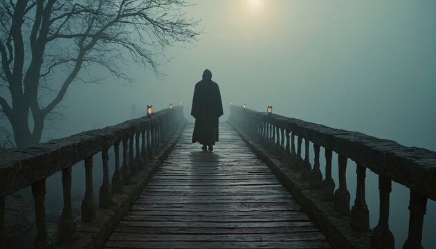 Misty bridge crossing with Charon creating foggy gloomy atmosphere for mythological illustrations or fantasy themed digital art projects with ethereal visual effects and soft lighting effects