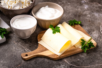 Dairy products. Milk, cottage cheese, cream, butter and yogurt