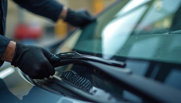 Mechanic installs new windshield wipers for clear driving view. Hands in black gloves attach auto part for better visibility and road safety. Car maintenance service.