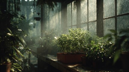 Lush Green Plants In A Greenhouse With Sunlight Rays Through Raindrops On Glass