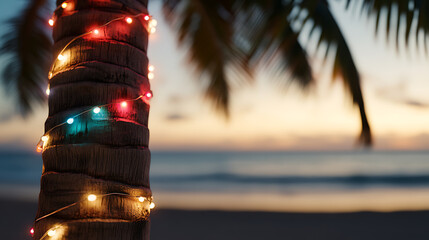 Festive Palm: Holiday cheer on a tropical beach with a palm tree adorned with string lights, illuminated against a sunset backdrop.