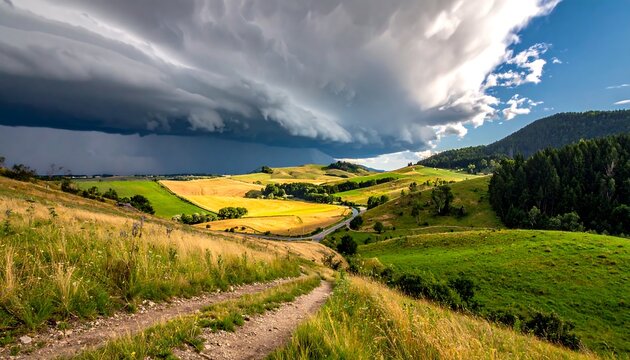 A dramatic landscape under a turbulent sky. Lush green and yellow fields meet a road leading into the distance under a looming storm - Powered by Adobe