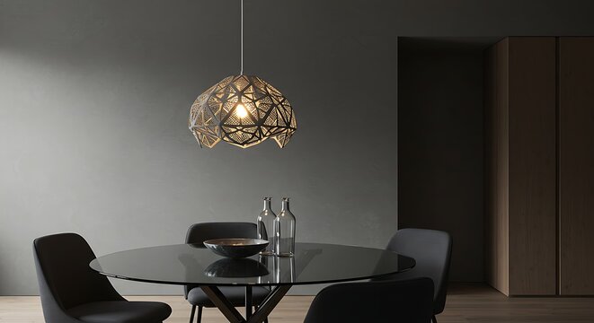Intricate Woven Pendant Light Illuminates Modern Glass Dining Table in Elegant Interior Design.