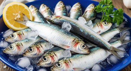 Obraz premium Fresh Sardines on Ice with Lemon and Parsley