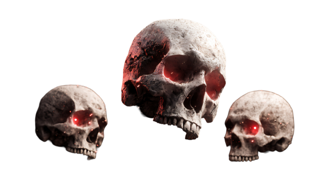 Haunted skulls with glowing red eyes falling, cracked bone texture, isolated