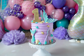 purple and turquoise mermaid birthday cake