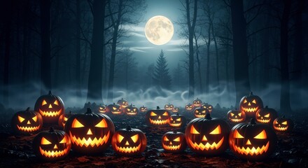 Eerie Halloween Pumpkins Glow Under the Full Moon in a Spooky Forest