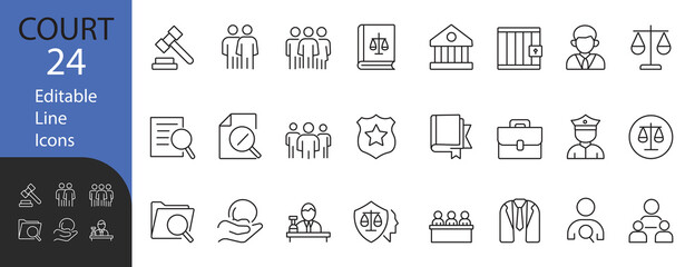 Court and Justice line icon set. Contains symbols for law, judgment, lawyer, police, and legal services. Line vector design for government, legal firms, and corporate use.