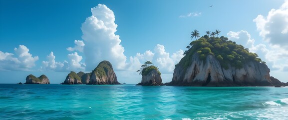 tropical blue ocean panorama with rocky islands cliff and palm trees