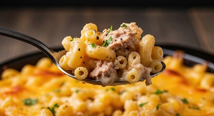 Spoon lifting creamy tuna macaroni casserole