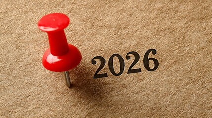 Red pin marks year "2026" on brown paper