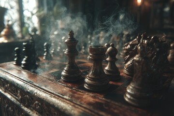 Vintage Chessboard With Dark Wood Pieces And Smoke Rising Amidst Soft Interior Lighting