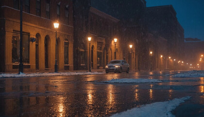 Cinematic evening twilight depiction of city with falling snow for winter themed photography or seasonal marketing campaigns with dramatic lighting and soft focus effects