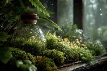 A Small Glass Jar Filled With Moss and Tiny Plants Surrounded by Lush Green Ferns and Foliage
