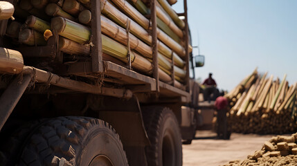 Obraz premium Sugar cane being transported. Harvesting season with trucks, worker and piles of cane in the background. Agriculture and transportation process.