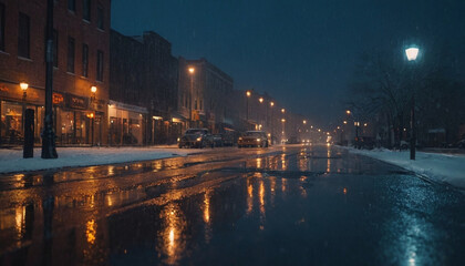 Evening twilight cityscape with cinematic snow effects creating atmospheric visual effects for winter themed photography or seasonal marketing campaigns with dramatic lighting