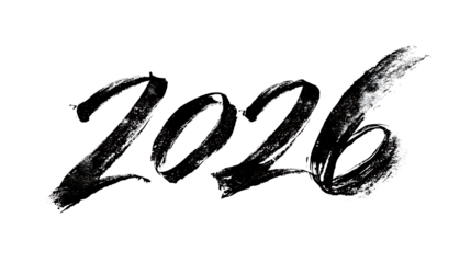 Elegant black calligraphy "2026" with ink texture, isolated on a white background. 