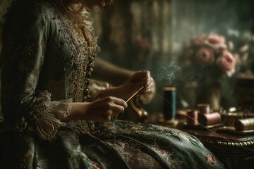 Close Up of a Woman in an Ornate Gown Sewing with Thread and Needles Amidst a Vintage Setting