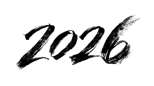 Elegant black calligraphy "2026" with ink texture, isolated on a white background. 