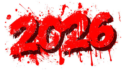 Bold red graffiti style "2026" with paint splashes, isolated on a white background.