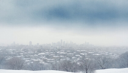 Watercolor rendering of winter city skyline creating artistic visual effects for seasonal illustrations or holiday themed design projects with delicate color transitions and soft textures