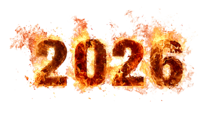 Fire flame text effect "2026" burning typography, isolated on a white background