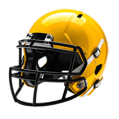 Fototapeta premium A shiny golden football helmet with a black facemask and straps, isolated on black