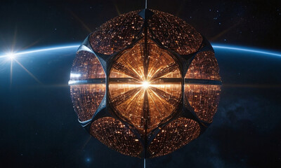 Dyson sphere enclosing massive star in cosmic scale view creating awe inspiring visual effects for science fiction illustrations or astrophysics themed design projects