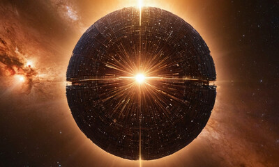 Cosmic scale visual effects showing Dyson sphere enclosing massive star for science fiction illustrations or astrophysics themed design projects with interstellar perspective