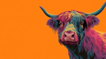A colorful Highland cow portrait against a vibrant orange background.