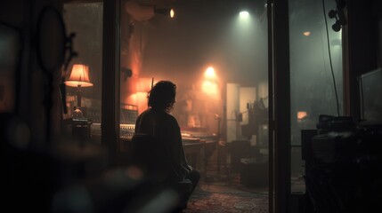 Moody Dark Room with Fiery Orange Glow and Silhouette of a Person