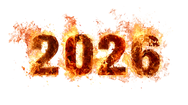 Fire flame text effect "2026" burning typography, isolated on a white background