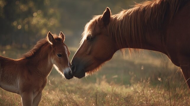A beautiful chestnut mare and her foal share a tender moment in a sunlit meadow. - Powered by Adobe
