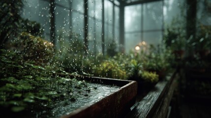 Raindrops Falling Into A Greenhouse Filled With Lush Green Plants And Moss