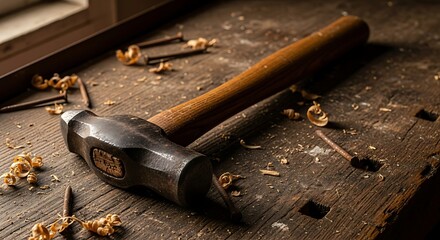 Close-up of a hammer on a wooden workbench with wood shavings.