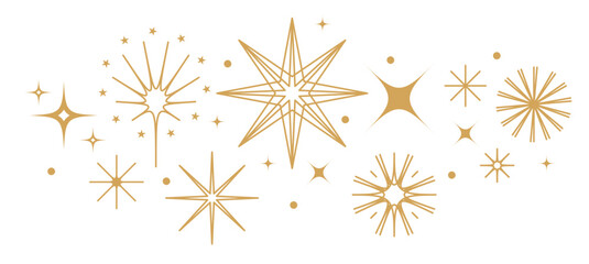 Christmas ornament. Set of golden retro stars, sparkles and gold snow particles. Mid-century geometric style festive decoration elements isolated on transparent background.