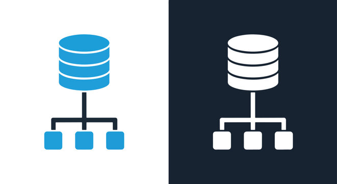 Database server icon with data storage network connections and database management system - Line and glyph solid icon and logo templete