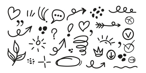  Line cute element set. Hand-drawn sketch doodle style arrow, cloud, star with marker stroke pencil highlight. Doodle sketch heart, star, cloud cartoon sticker shapes