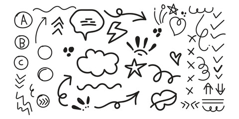  Line cute element set. Hand-drawn sketch doodle style arrow, cloud, star with marker stroke pencil highlight. Doodle sketch heart, star, cloud cartoon sticker shapes