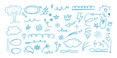  Line cute element set. Hand-drawn sketch doodle style arrow, cloud, star with marker stroke pencil highlight. Doodle sketch heart, star, cloud cartoon sticker shapes